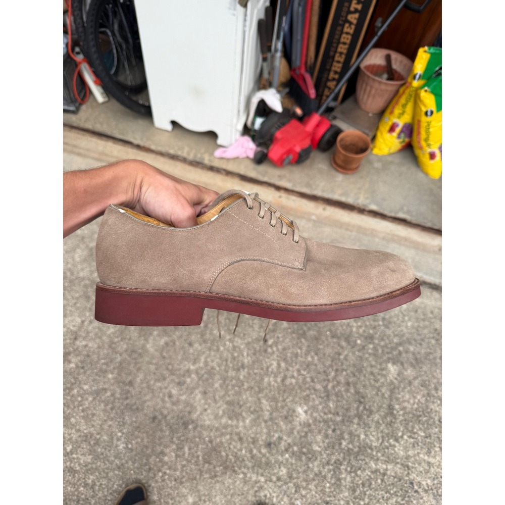 Polo Ralph Lauren Mens Suede Derby Shoes Tan Brick Red Sole AAM19610 Size 14D